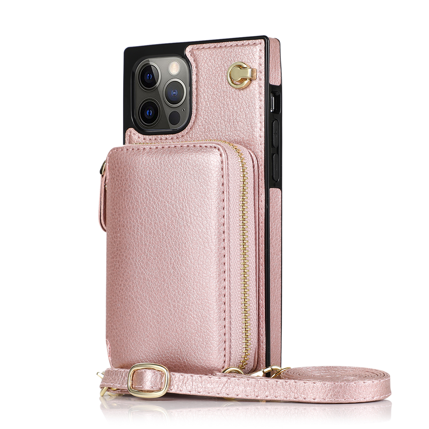 iPhone 16 Pro Necklace Leder Schutz Hülle mit Kartenfächer   Handykette (140cm) - Roségold