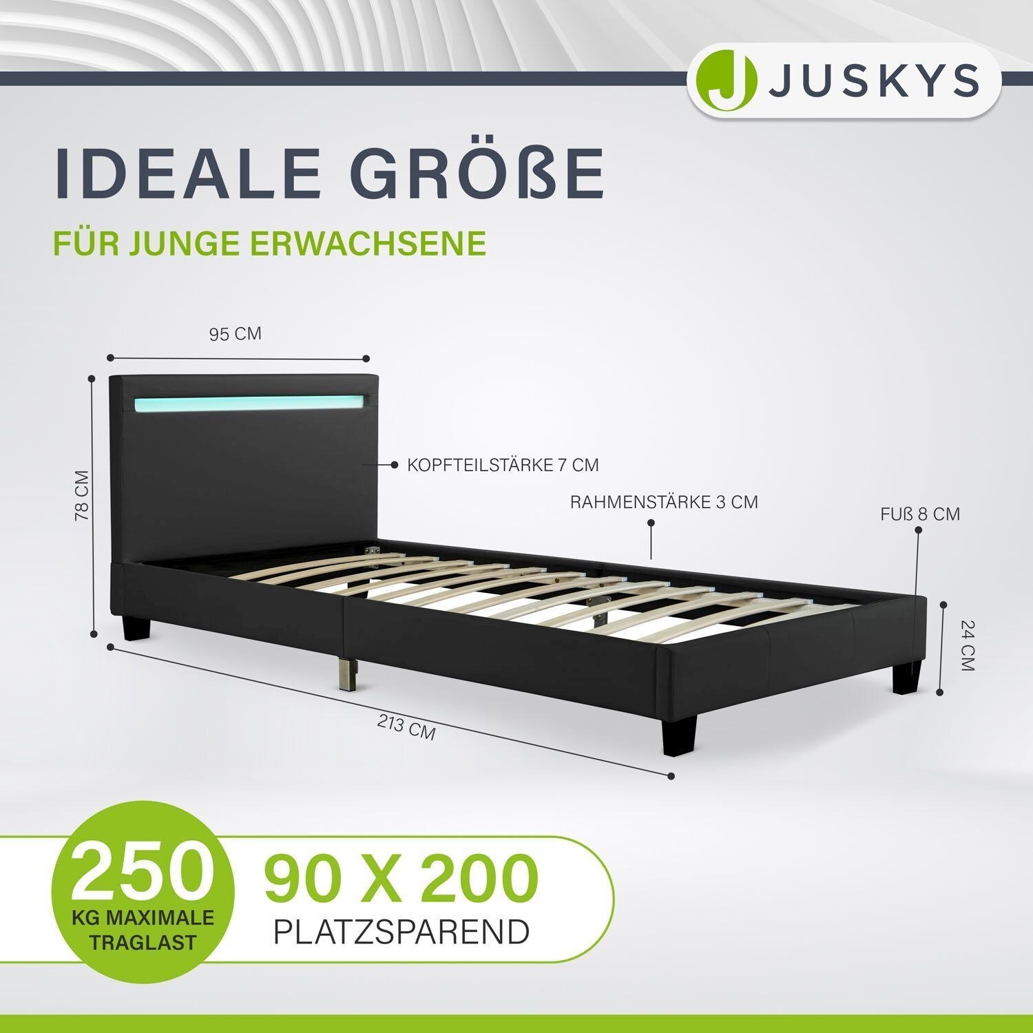 Juskys Polsterbett Verona 90x200 cm schwarz mit Matratze – Einzelbett + LED-Beleuchtung & Lattenrost