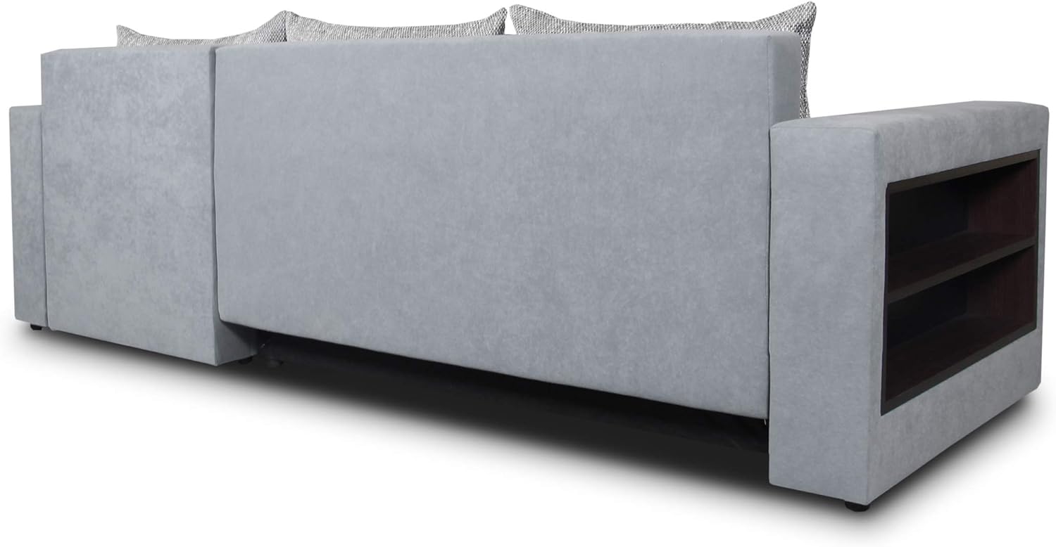 Ecksofa Lord mit Regal und Schlaffunktion - Sofa mit Bettkasten, Schlafsofa, Polsterecke, Couch L-Form, Couchgarnitur, Sofagarnitur (Schwarz + Grau (Dolaro 08 + Berlin 01), Ecksofa Rechts)