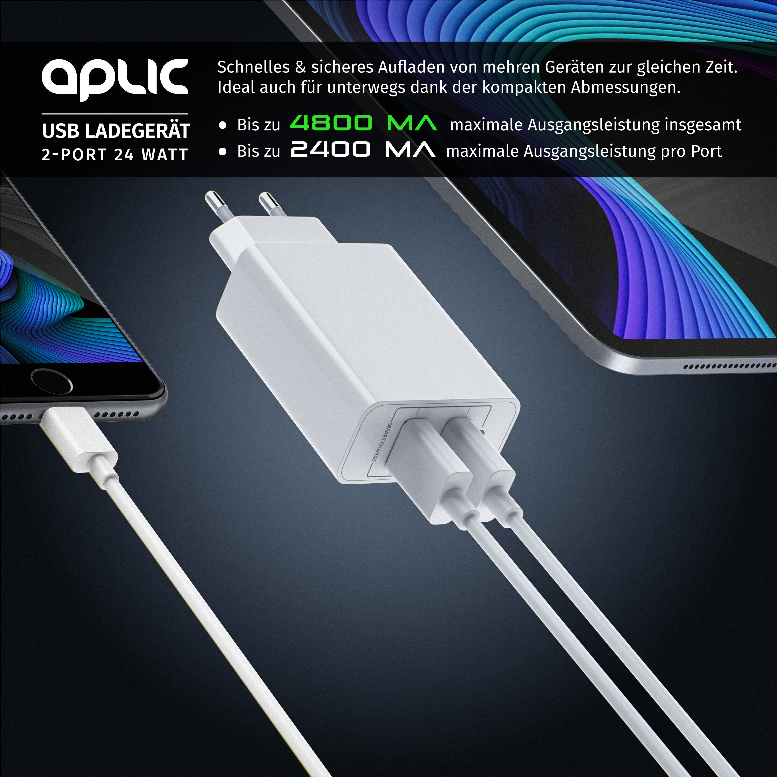 Aplic USB-Ladegerät 4800 mA, 2 Port Nezteil mit Smart Charge + Solid Charge, Leistungsstarke 24W
