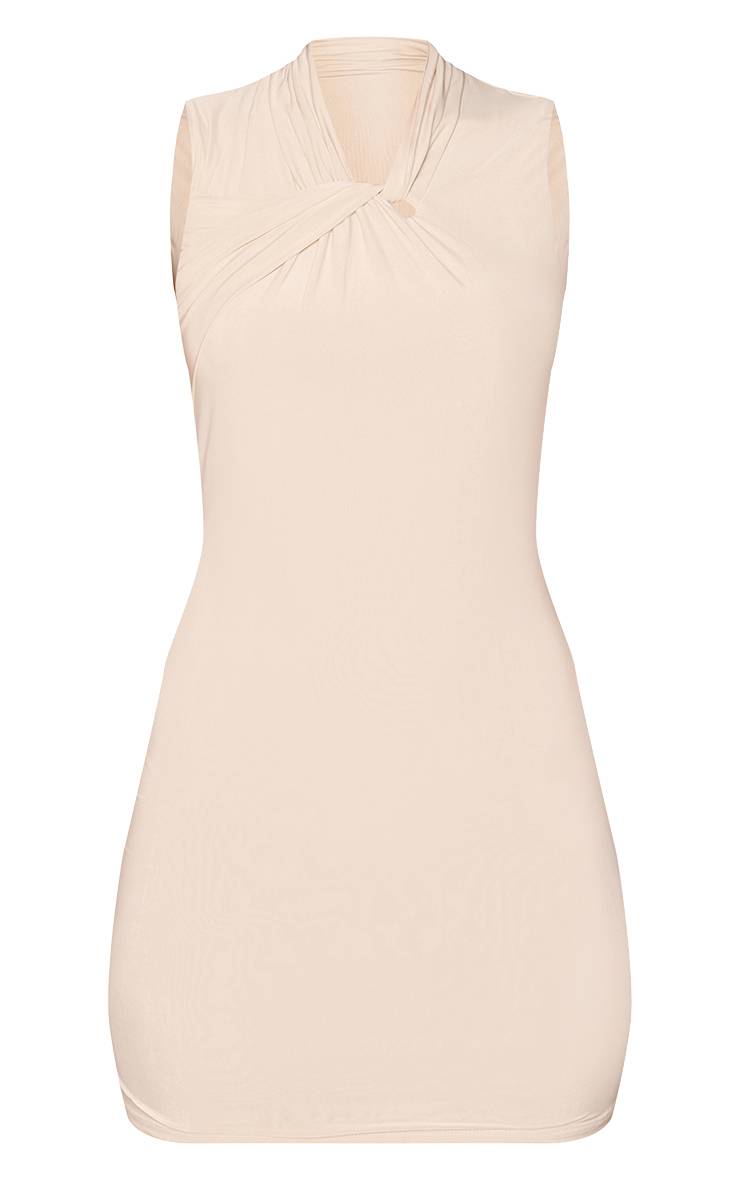 Crème Robe Mini Moulante Double Couche À Détail Torsadé Devant Sans Manches