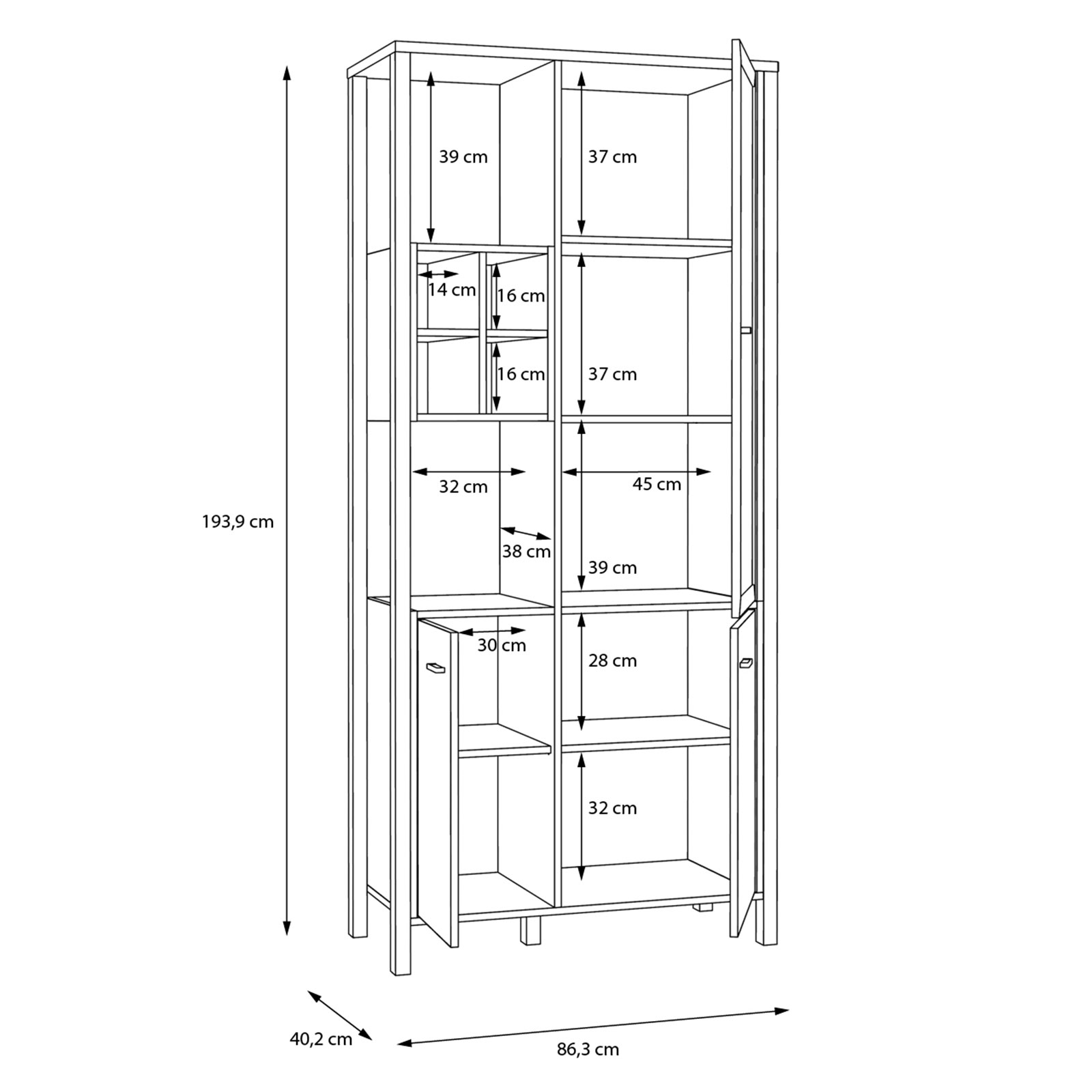 Highboardvitrine - Riveria Eiche - schwarz - 194 cm hoch