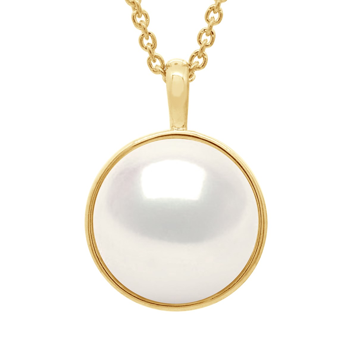 Collier Bélière Entourage Lisse - Véritable Perle de Culture d'Eau Douce Bouton 10-11 mm - Blanc Naturel - Or Jaune