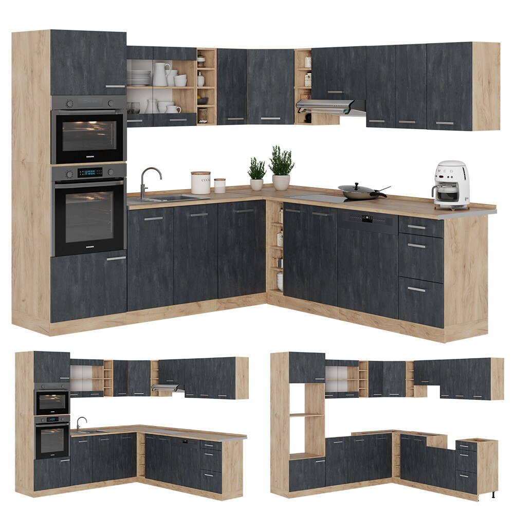 Vicco Eckküche R-Line 247x237 cm Schwarz Beton Eiche ohne Arbeitsplatte