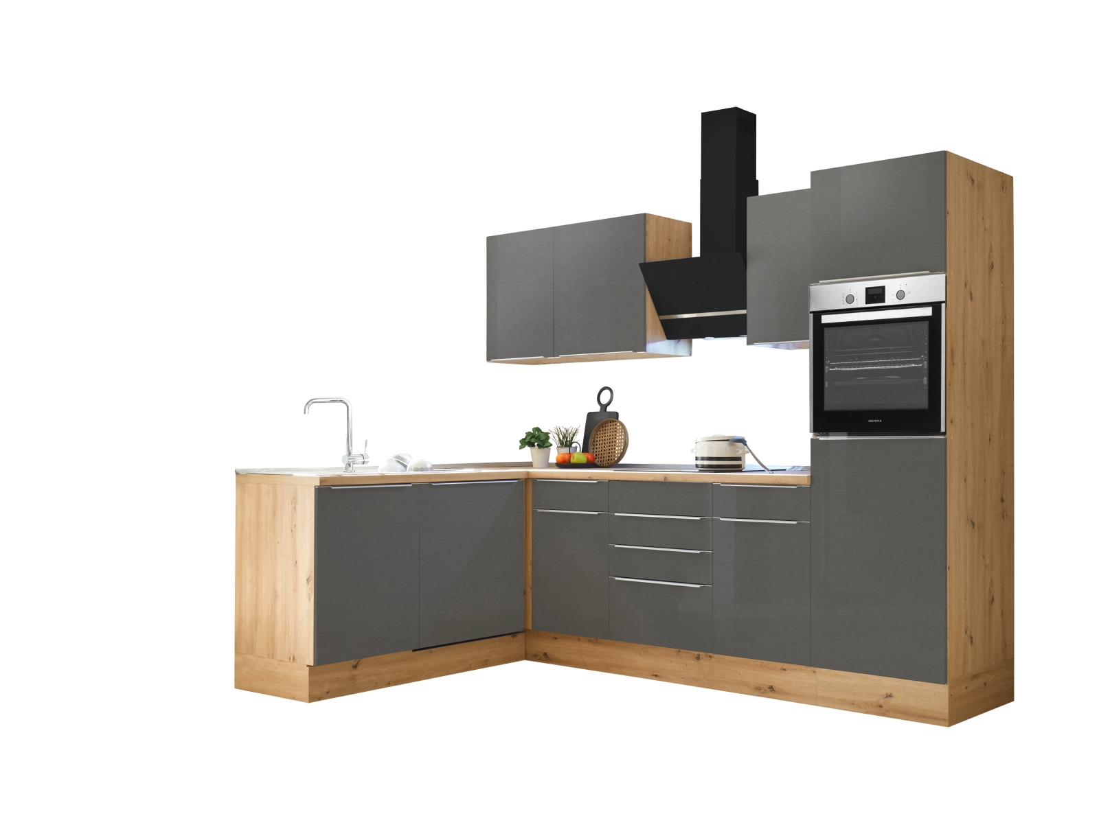 RESPEKTA Winkelküche - grau - Artisan Eiche - mit E-Geräten - 280 cm