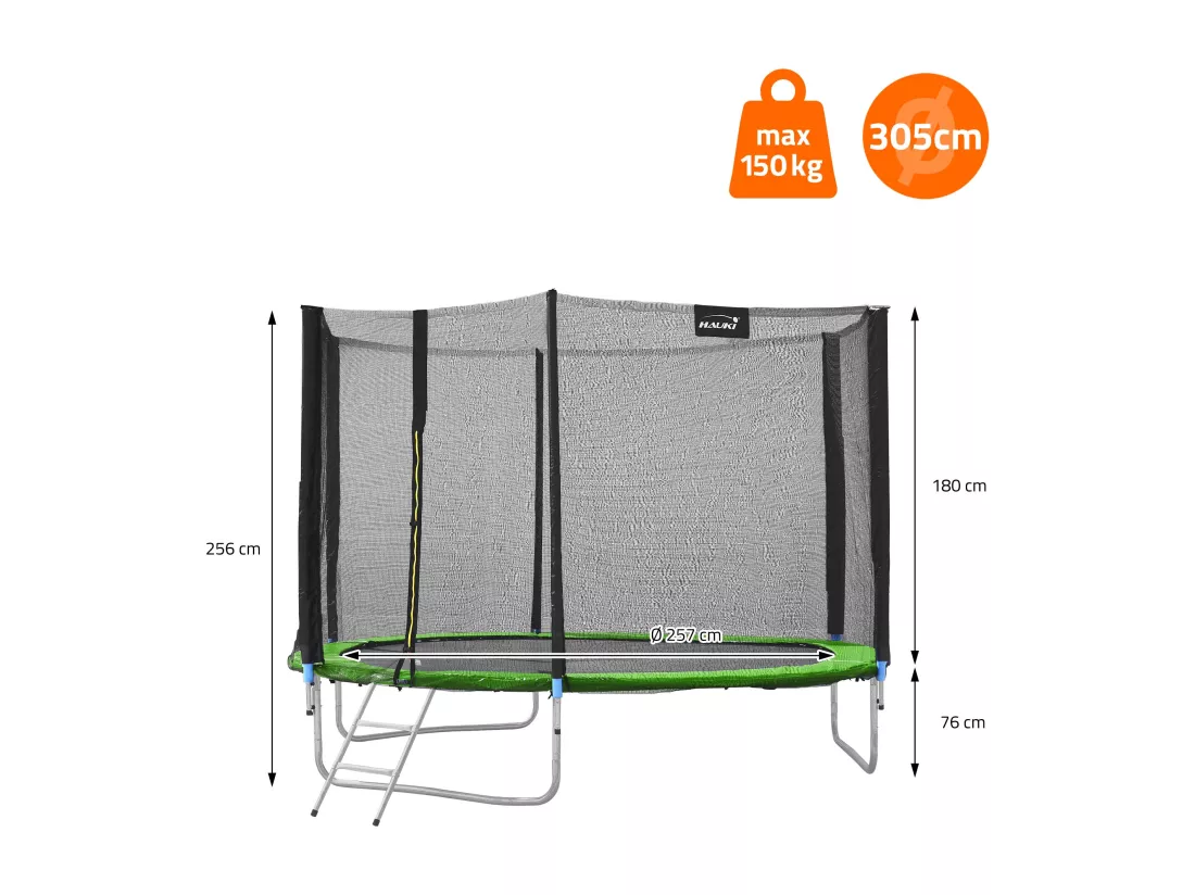 Hauki Trampoline Outdoor, Ø305 cm, vert, certifié GS, trampoline de jardin rond pour enfants jusqu'à 150 kg, set complet avec filet de sécurité, échelle, couverture des bords, barres rembourrées, trampoline stable pour enfants