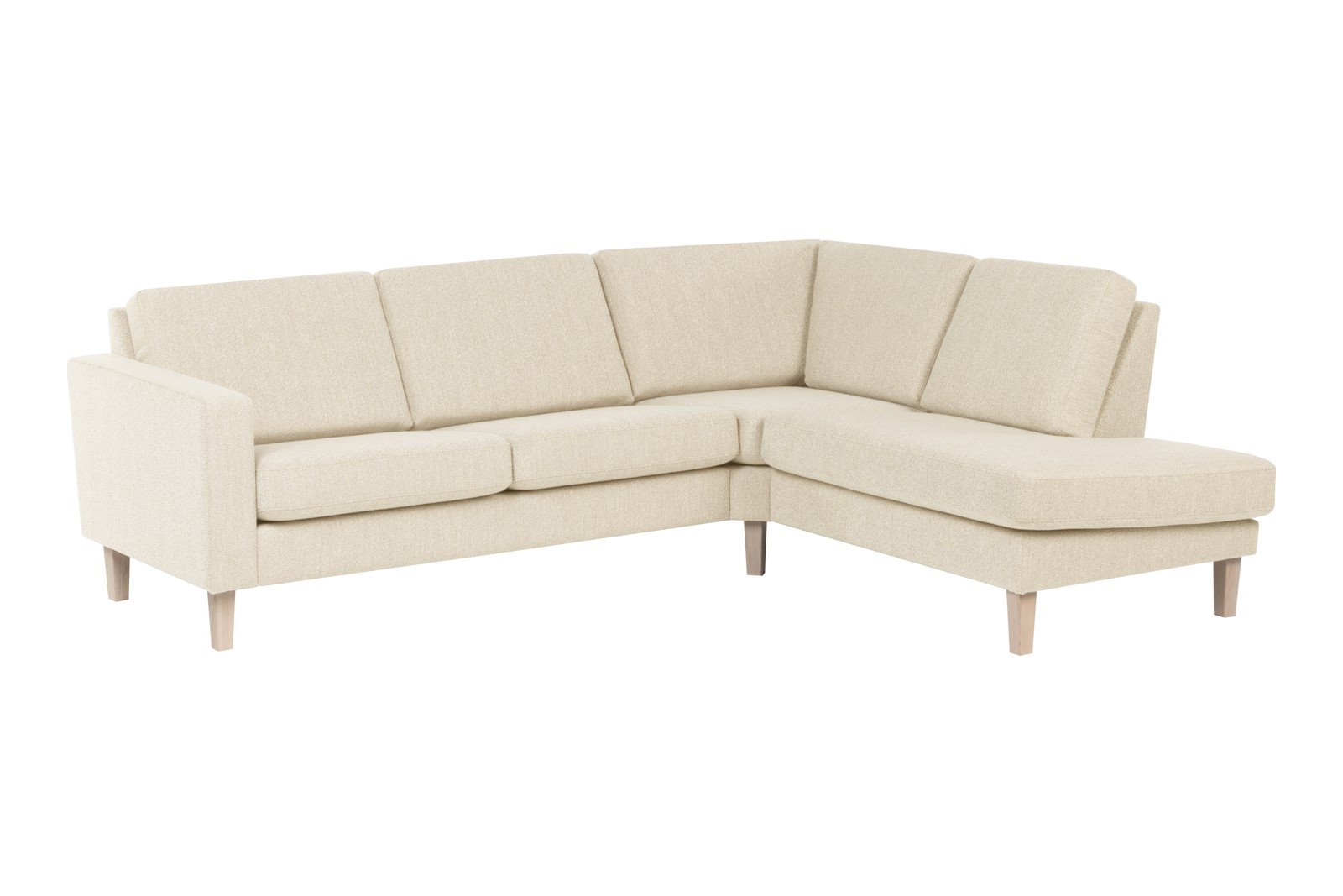 Slogen hjørnesofa Oppsett AH. 2,5-seter med åpen ende høyre. Tekstil Viva Marble med standard ryggpute. Vange B og hvitpigmentert ben 178.