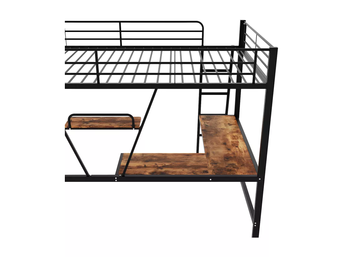 Lit mezzanine en fer - 90x200cm - avec bureau d'angle et une étagère - Noir