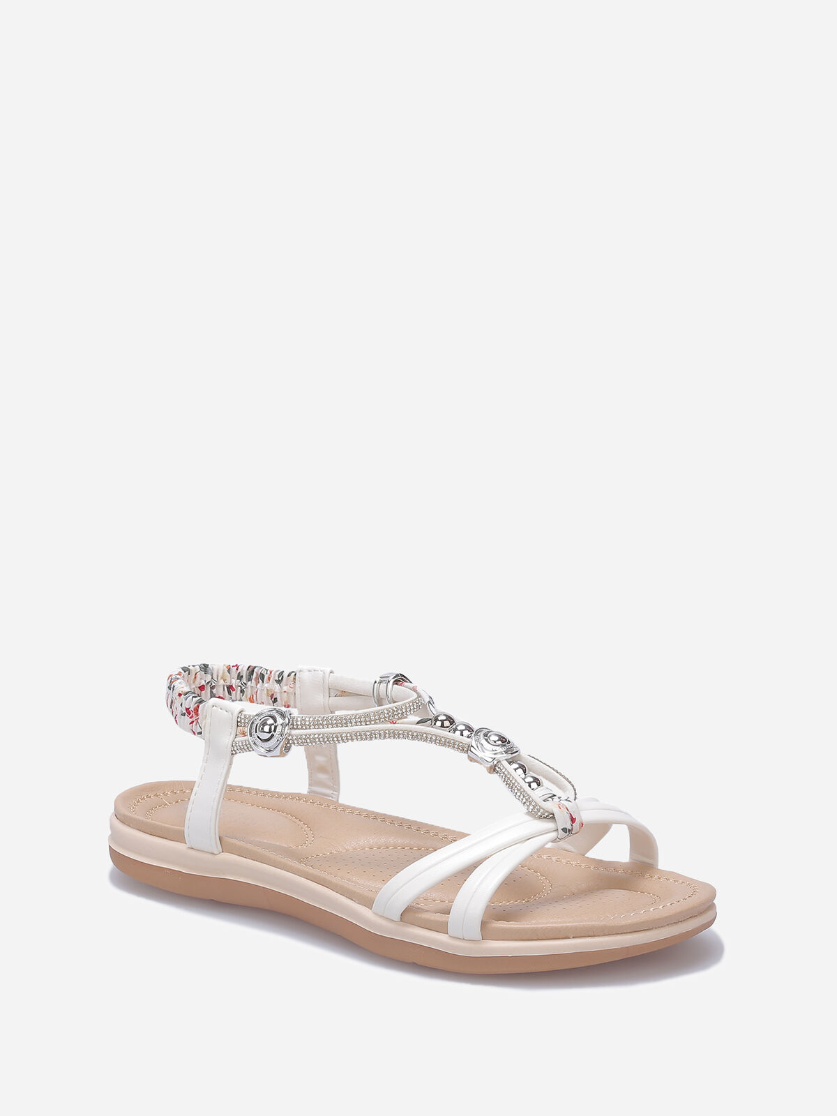 Nu-pieds à brides fleuries en strass et perles- Blanc