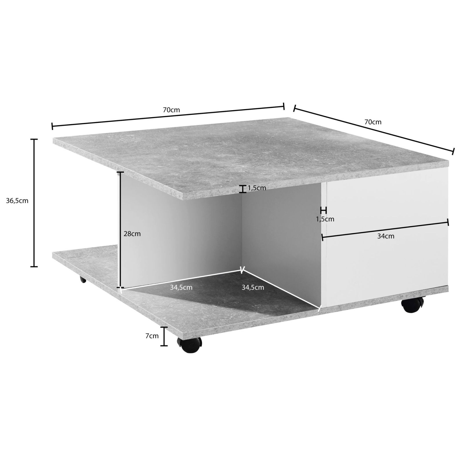 Couchtisch - zementgrau-weiß - auf Rollen - 70 cm