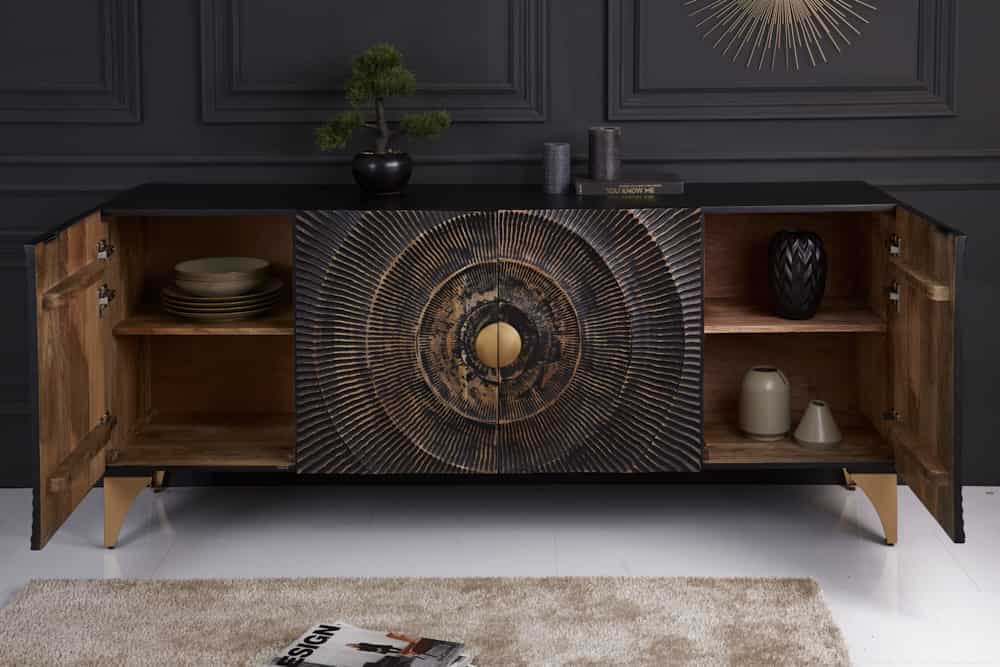 Handgearbeitetes Sideboard GOLDEN SUNSET 180cm schwarz mit 3D Schnitzereien gold Mangoholz Metallbeine