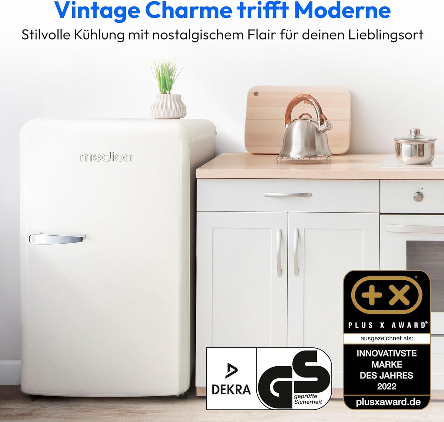 MEDION Retro Kühlschrank (91 Liter, 91cm Höhe (höhenverstellbare Füße), höhenverstellbare Glasablagen, transparente Gemüseschublade, freistehend, Türanschlag rechts, Metall Türgriff, MD37800) cream