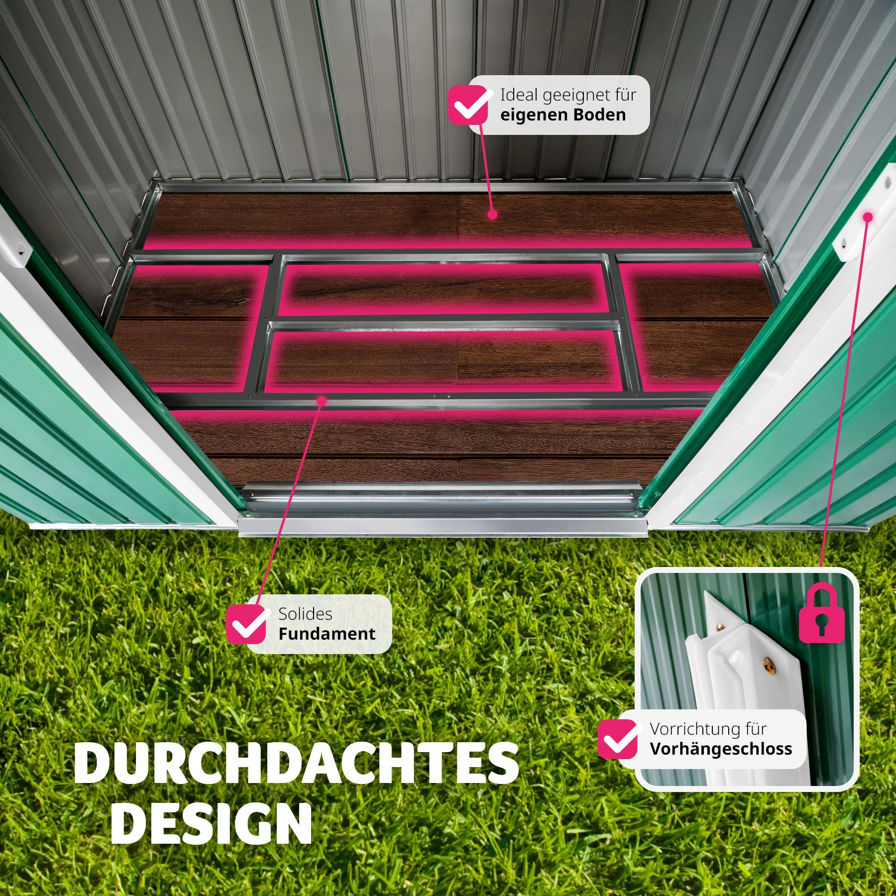 tectake® Gartenhaus mit Satteldach, aus Stahl, praktische Schiebetür, 214 x 130 x 185 cm
