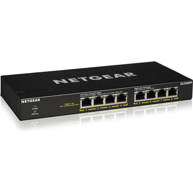 NETGEAR GS308PP Non-géré Gigabit Ethernet (10/100/1000) Connexion Ethernet, supportant l'alimentation via ce port (PoE) Noir