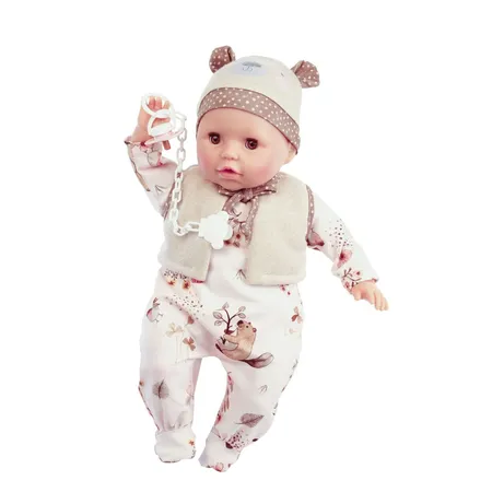 Schildkröt Baby Amy 45 cm mit Schnuller, Malhaar, braune Schlafaugen, Biberoverall + Mütze+ Weste