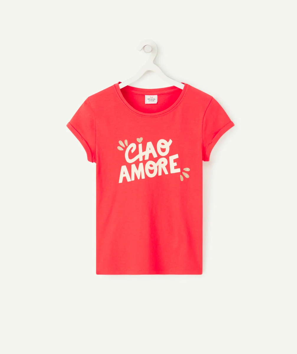 T-SHIRT FILLE EN COTON BIOLOGIQUE ROUGE AVEC MESSAGE CIAO AMORE