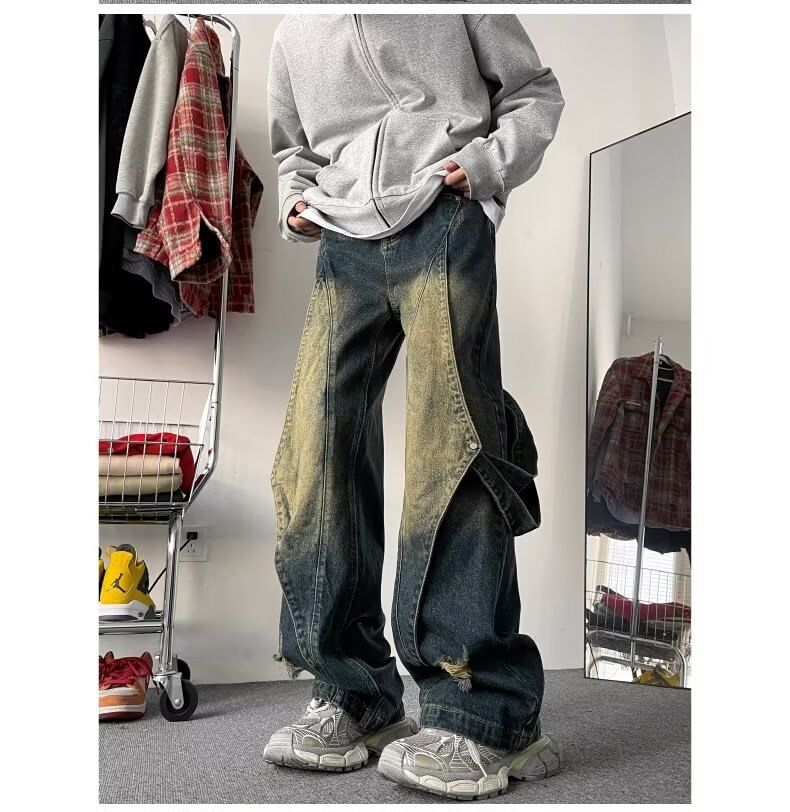 Kenning - Mid Rise Distressed Strappy Wide Leg Jeans