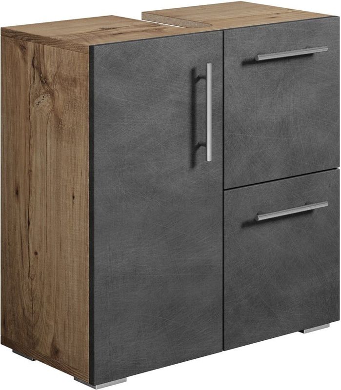 Badplaats Wastafel Onderkast Mars 60 x 30 x 60 cm - Kastanje Eiken met Donker Grijs - Badkamerkast – Staand Wastafelmeubel