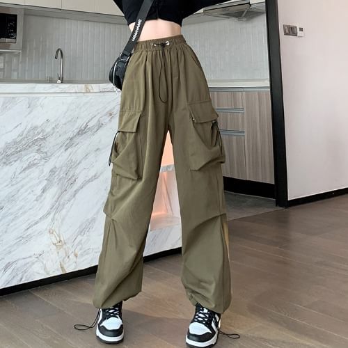 Secolo - Hoge taille, effen, baggy cargobroek met trekkoord