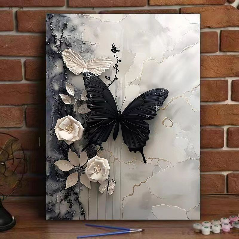 (9-tlg. Set) 40x30cm Malen Nach Zahlen DIY Leinen Tuch für Erwachsene und Kinder inkl. Bildaufhänger - Schmetterling