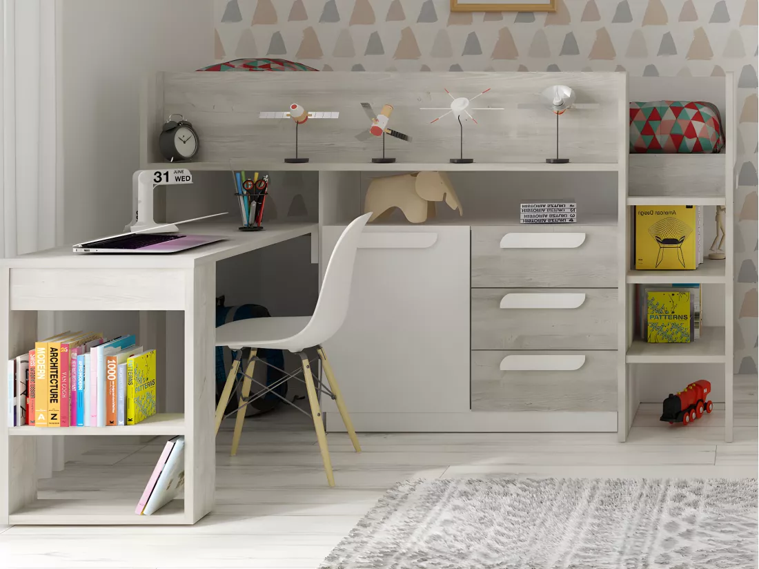 Lit combiné 90 x 200 cm - Avec bureau et rangements - Blanc et naturel + Matelas - LOUKALA