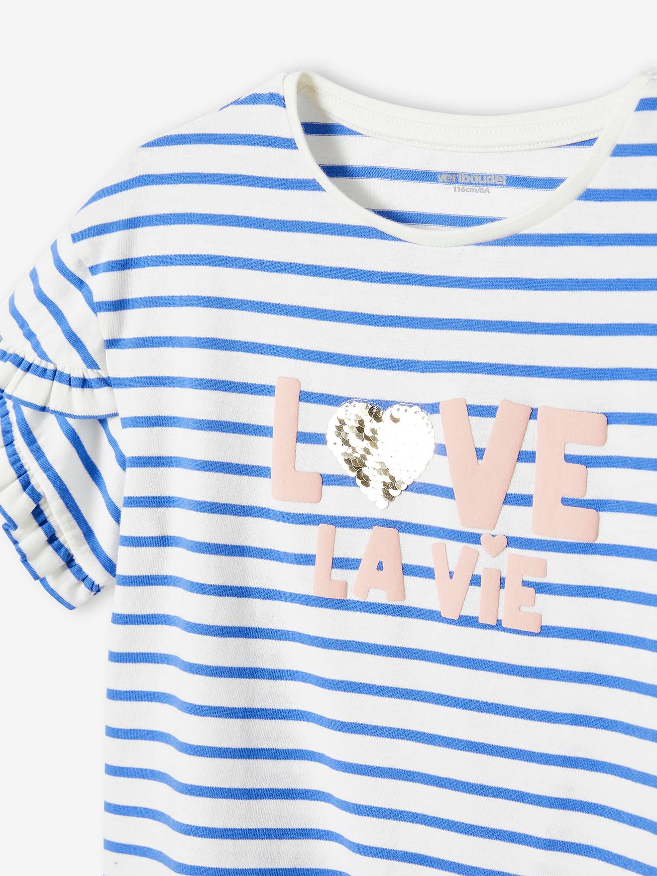 Camiseta listrada com coração e lantejoulas, para meninas, listras azuis.