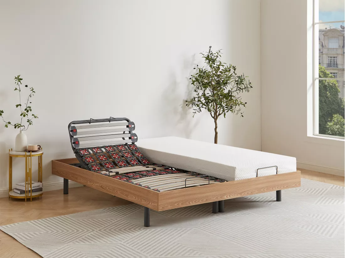 Sommier électrique de relaxation déco lattes et 2x25 plots - 2 x 80 x 200 cm - Chêne naturel - CISERANO de YSMÉE