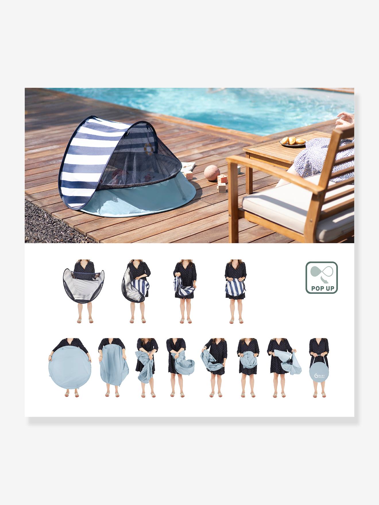 Tenda pop-up anti-UV Aquani BABYMOOV, azul médio liso com estampas.