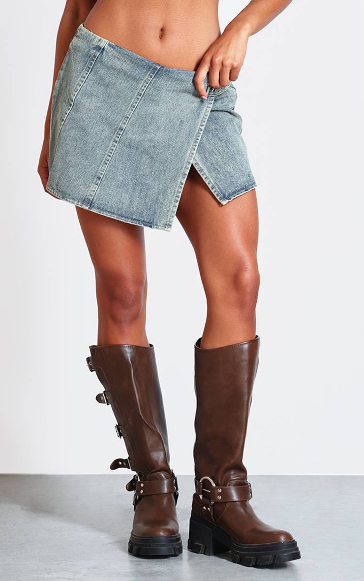 Délavage Vintage Jupe Courte Portefeuille En Denim Taille Mi-haute