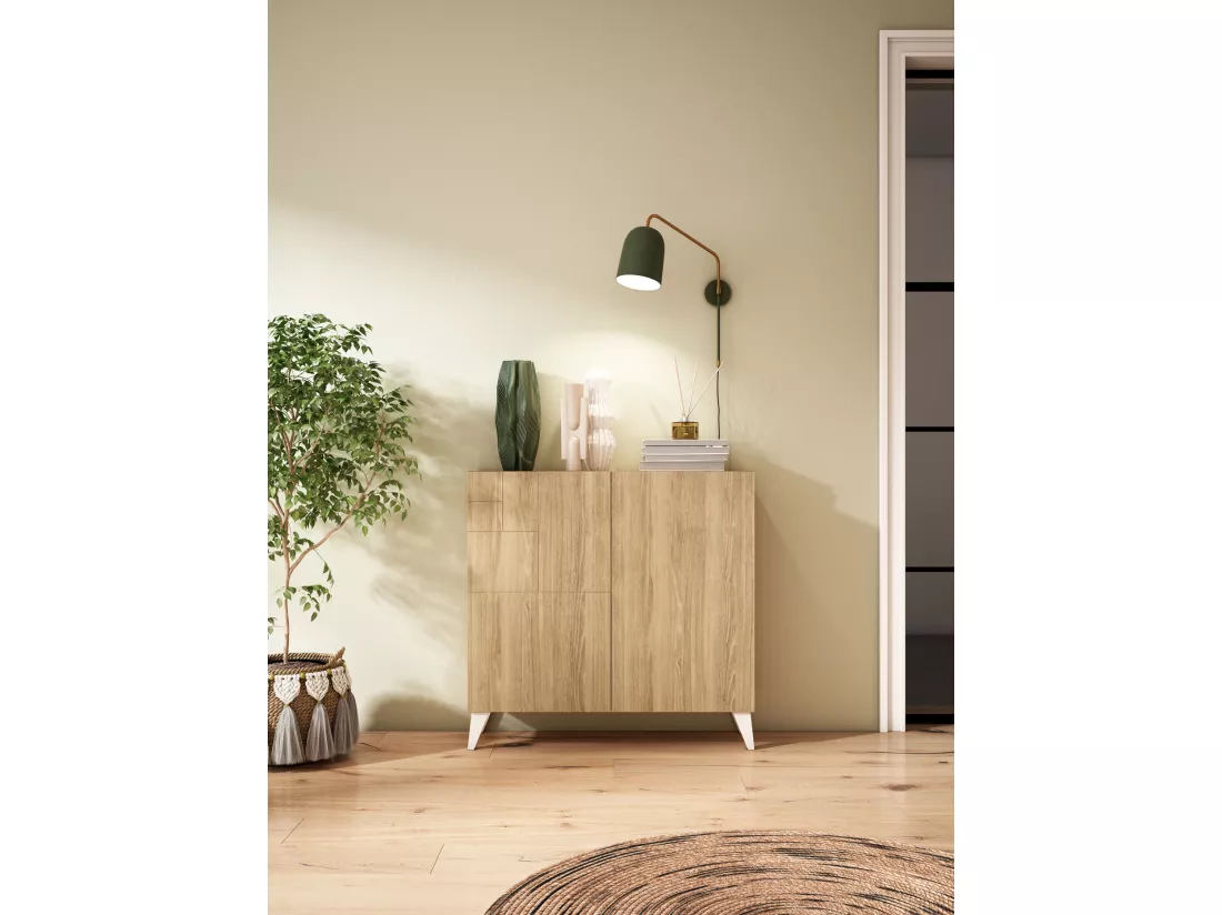 Meuble à chaussures/rangement - H87cm x L90cm x P27cm chêne dore pieds blanc – Bergen