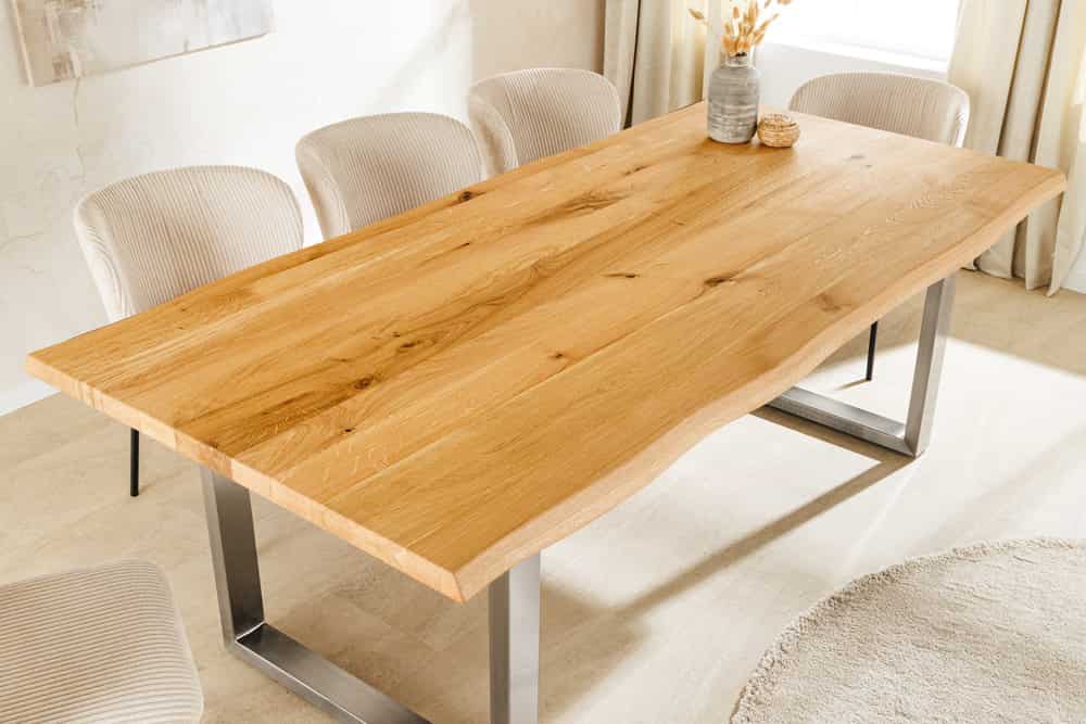 Massiver Esstisch WILD OAK 160cm natur silber Wildeiche Baumkante Edelstahl U-Gestell