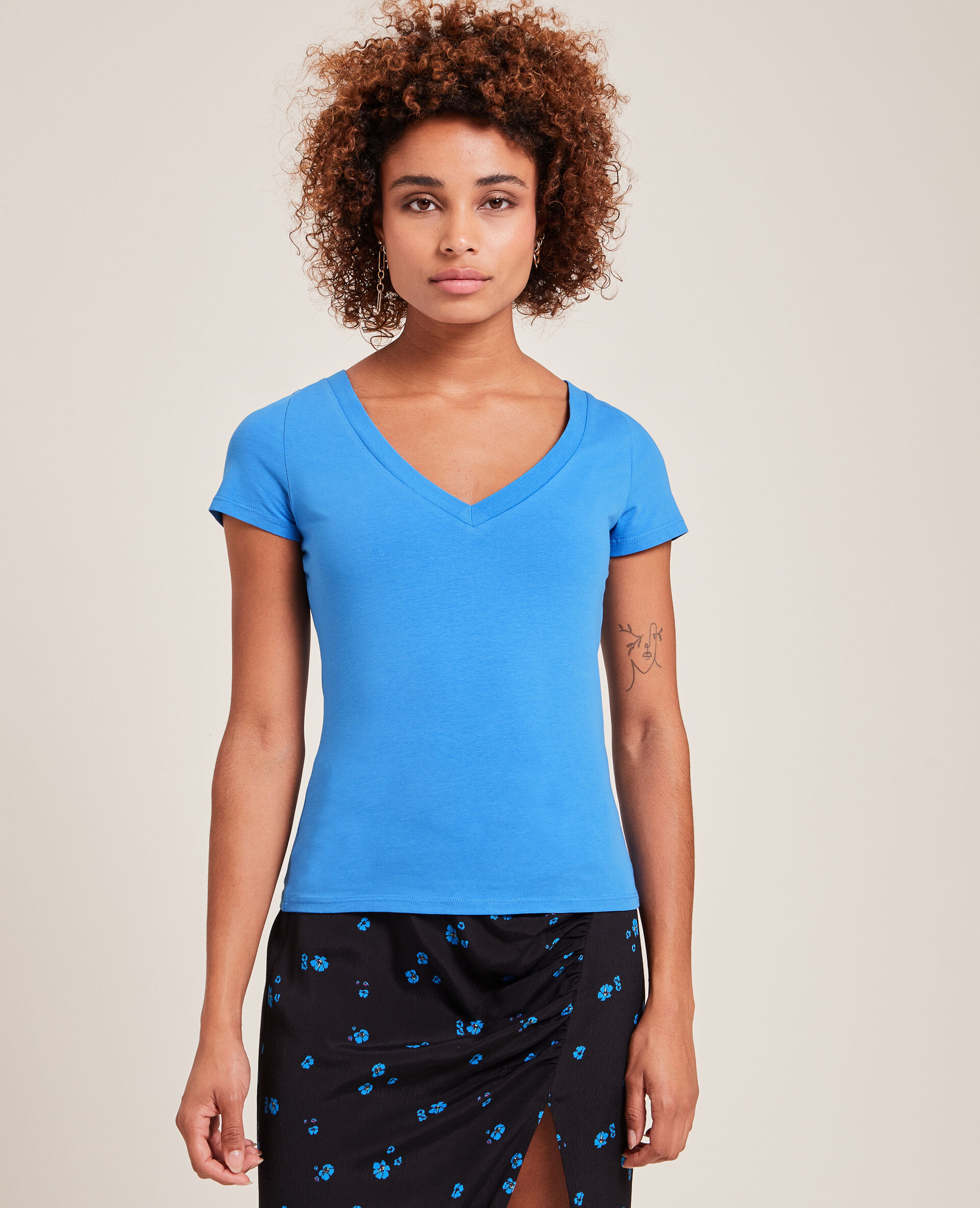 T-shirt col V - Bleu électrique