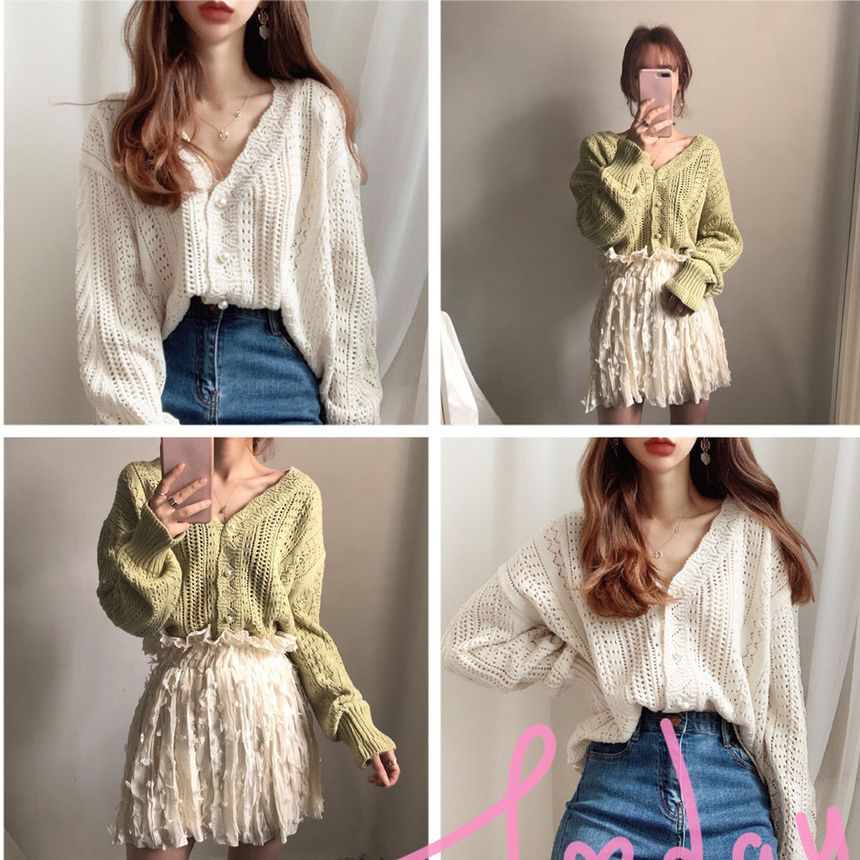 monroll - V-hals pointelle gebreide cardigan