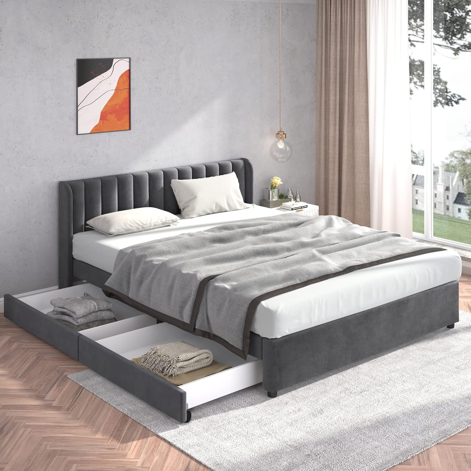 Polsterbett Doppelbett 180x200 cm, Bett mit 2 Stauraum Schubladen und Lattenrost aus Holz, Stauraumbett Bettgestell mit Metallrahmen, Samt, Grau (Ohne Matratze)