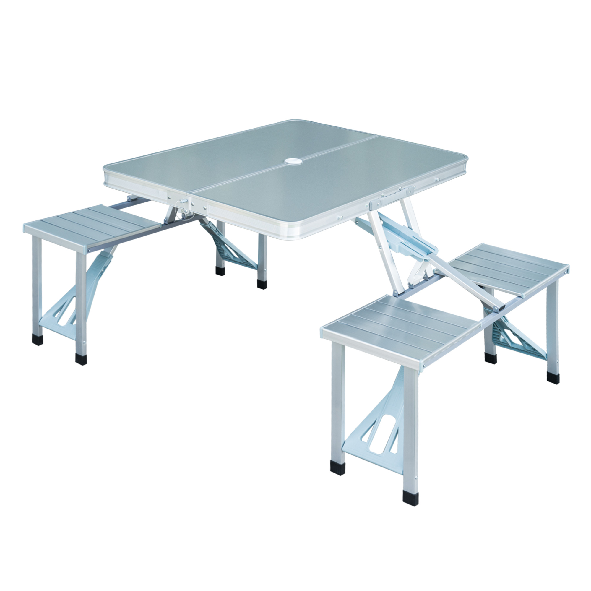 Mesa dobrável portátil Outsunny para camping, com 4 assentos e orifício para guarda-sol.