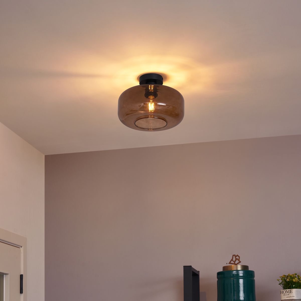 Retro plafondlamp zwart met brons glas - Bizle