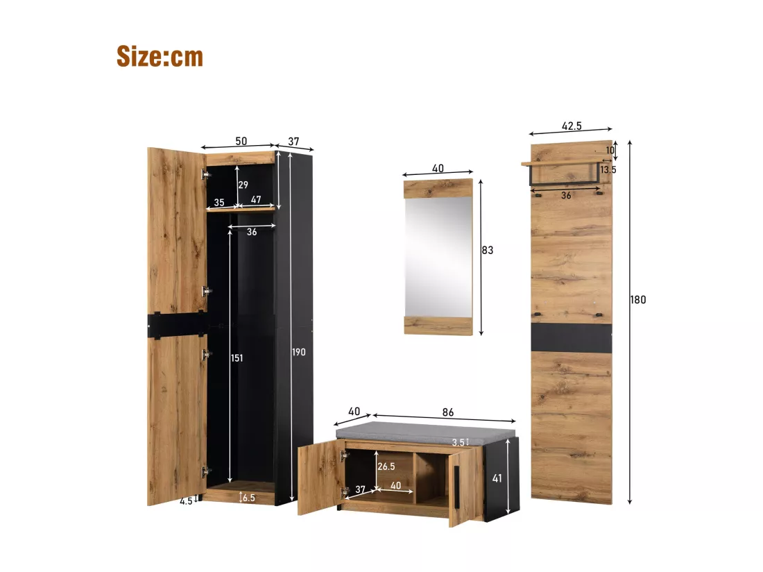 Ensemble meuble d'entrée - Vestiaire - banc à chaussures + miroir + porte-manteau + armoir - Chêne