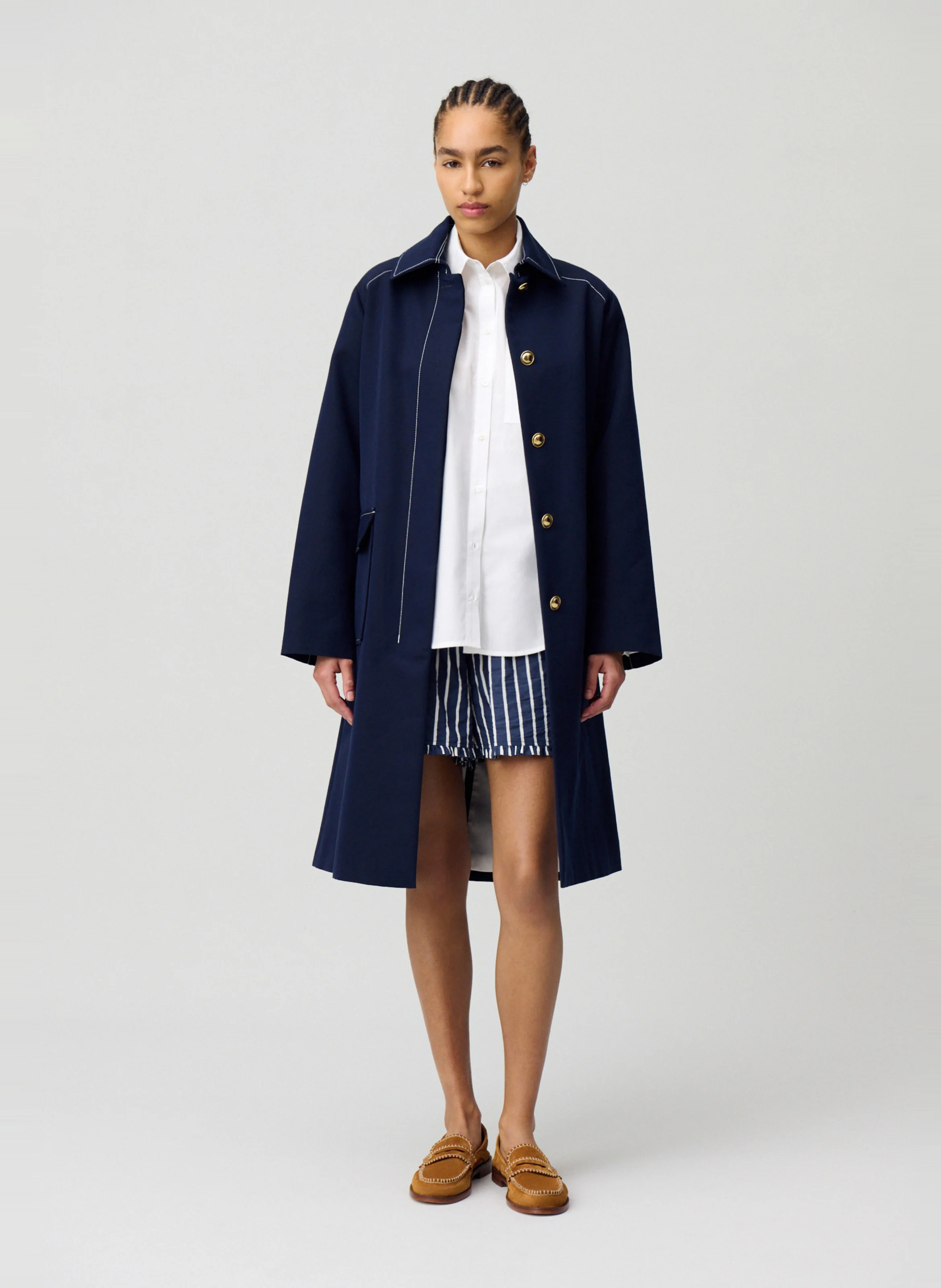 Trench mi-long ceinturé en coton mélangé | Bleu