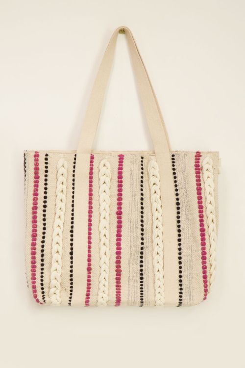 Beige shopper met multikleur strepen & gevlochten details
