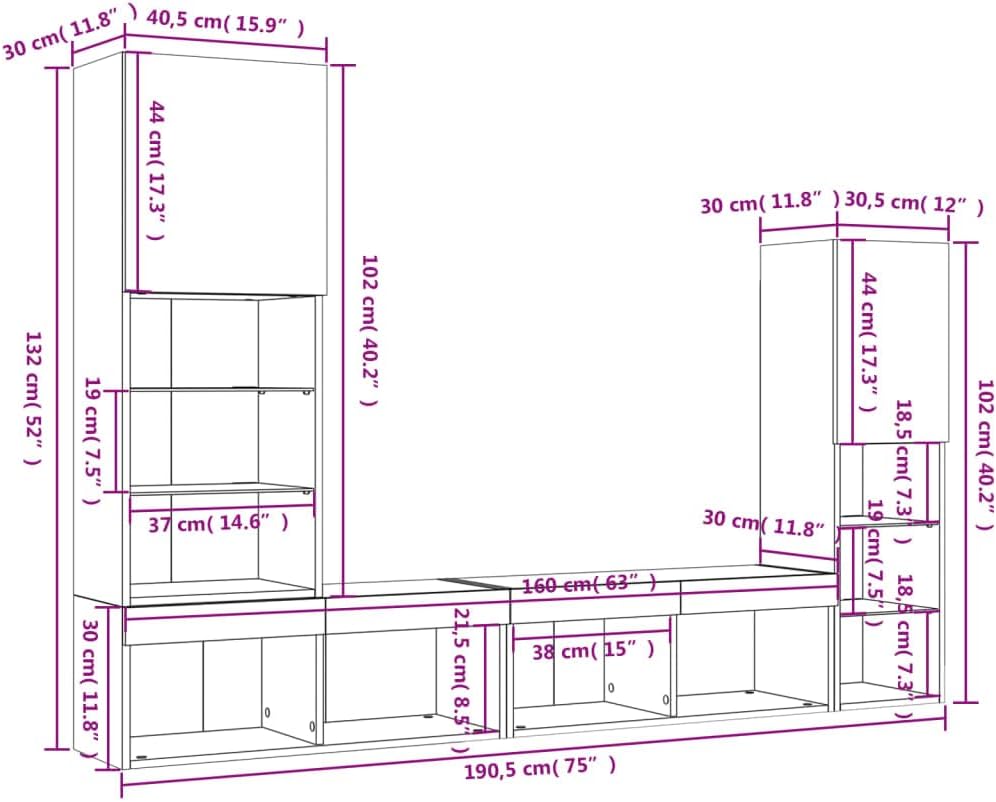 vidaXL Wohnwand 4-TLG., Schrankwand mit viel Stauraum, Anbauwand mit LED-Beleuchtung, Wandmontage Fernsehschrank Wohnzimmer Set Schrank, Sonoma-Eiche Holzwerkstoff