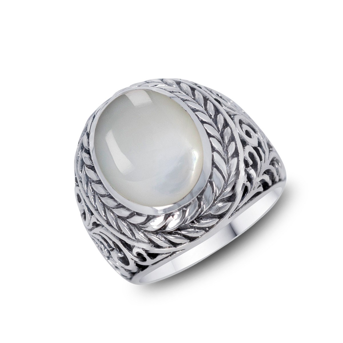 Bague Chevalière Homme en Argent Massif Vieilli avec Nacre Blanche | Aden