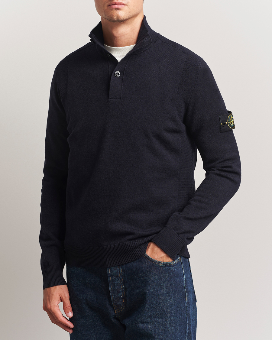 Stone Island Stretch Wool Knitted Half Button Jumper Navy