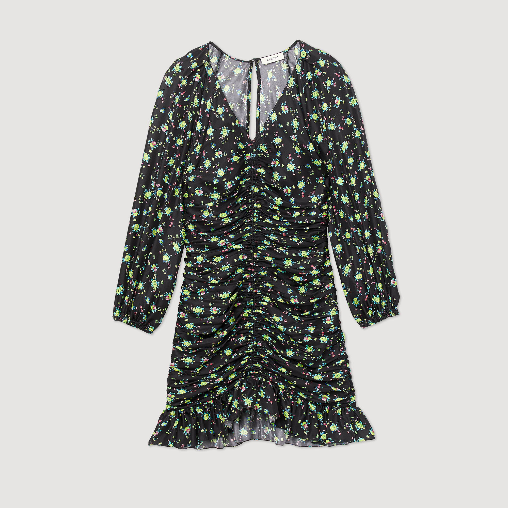Robe courte froncee á imprime fleuri