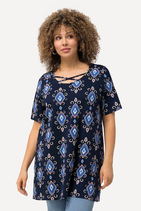 Longshirt, grafischer Druck, Zierbänder, Rundhals, Halbarm