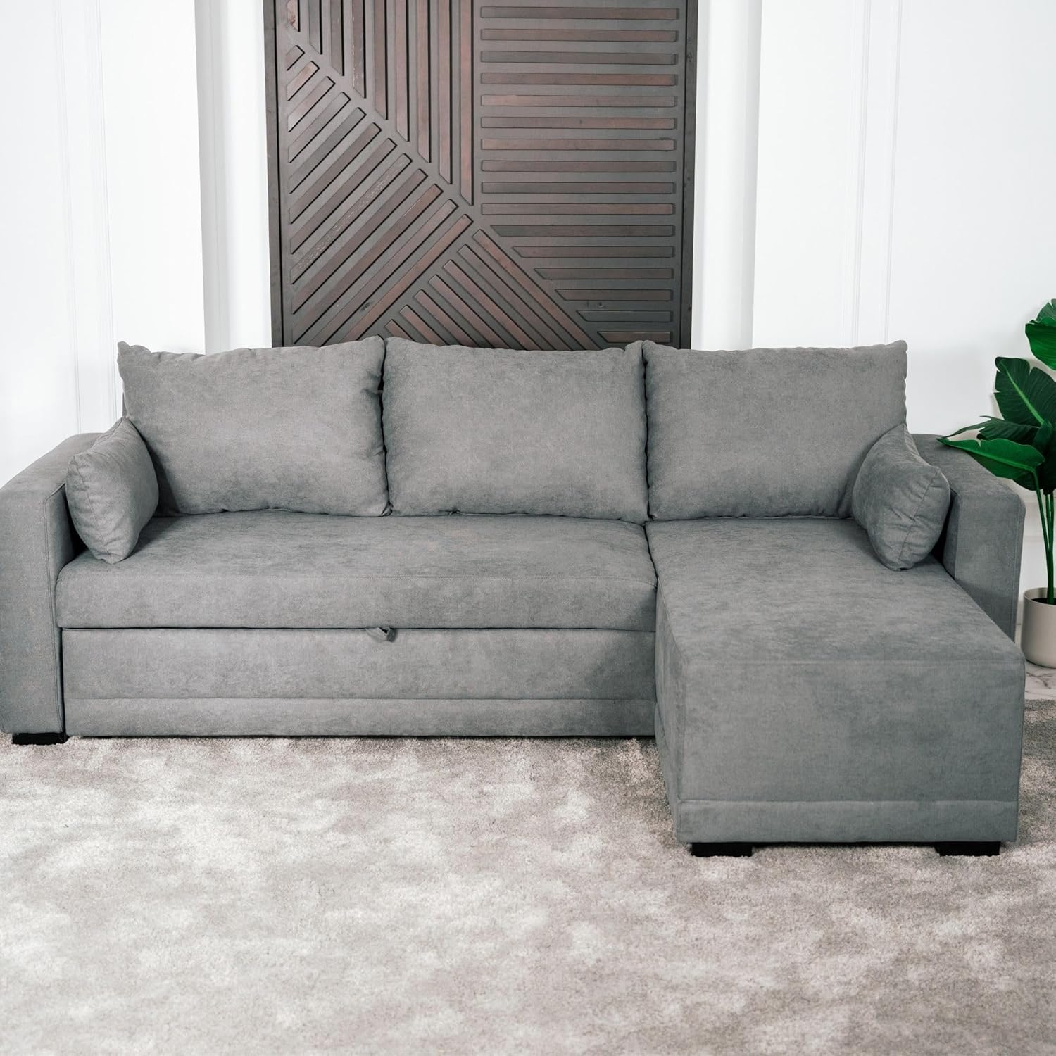 BUDWING Leah Eck-Schlafsofa 4-Sitzer – Reversible Chaise Longue & 2 Zierkissen – Polsterung aus Polyester – Modernes Design – 233x124x69 cm – Dunkelgrau