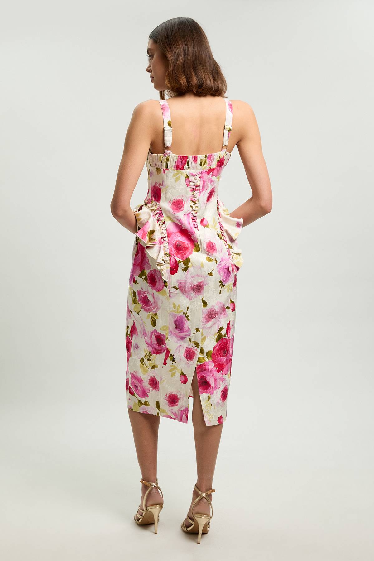 KarenMillen Robe Midi Tissée En Popeline De Coton À Imprimé Floral Dispersé Avec Détails Baleinés Petite
