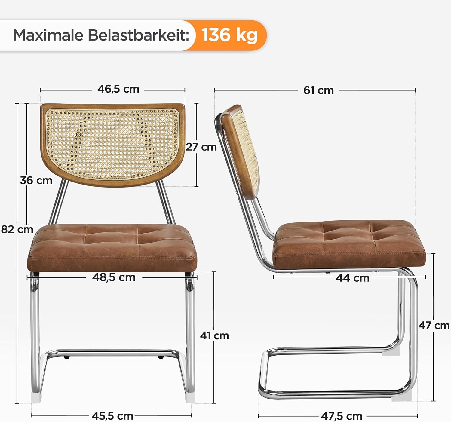 Yaheetech Küchenstuhl 2er Set Esszimmerstühle Rückenlehne aus Rattan Schwingstuhl aus Kunstleder Polsterstuhl fürs Esszimmer/Küche/Wohnzimmer/Restaurant, Retro-Braun