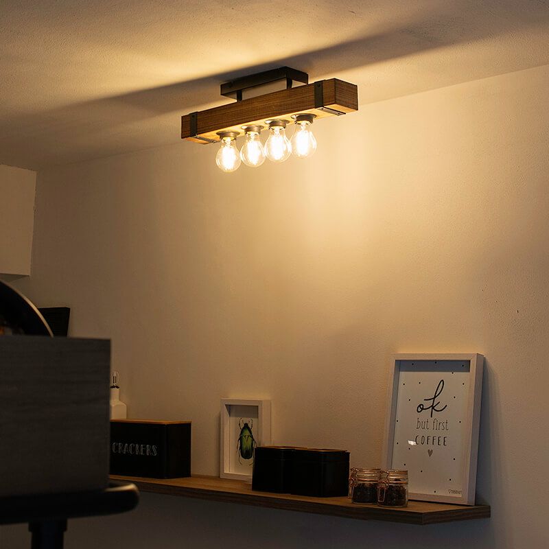 Industriële plafondlamp hout met staal 4-lichts - Reena