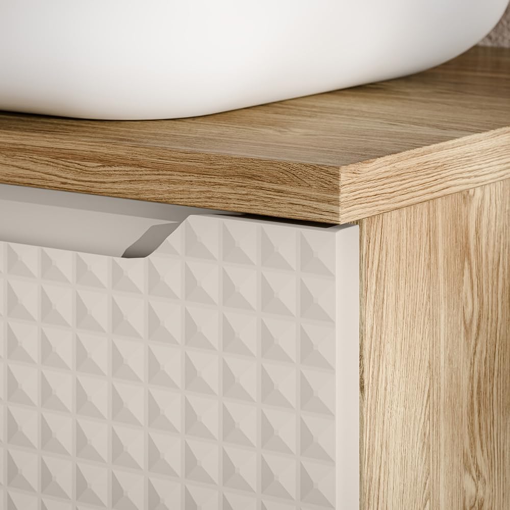 Lomadox Badezimmer Waschtischunterschrank 120 cm in Eiche mit beige, grifflose 3D-Front
