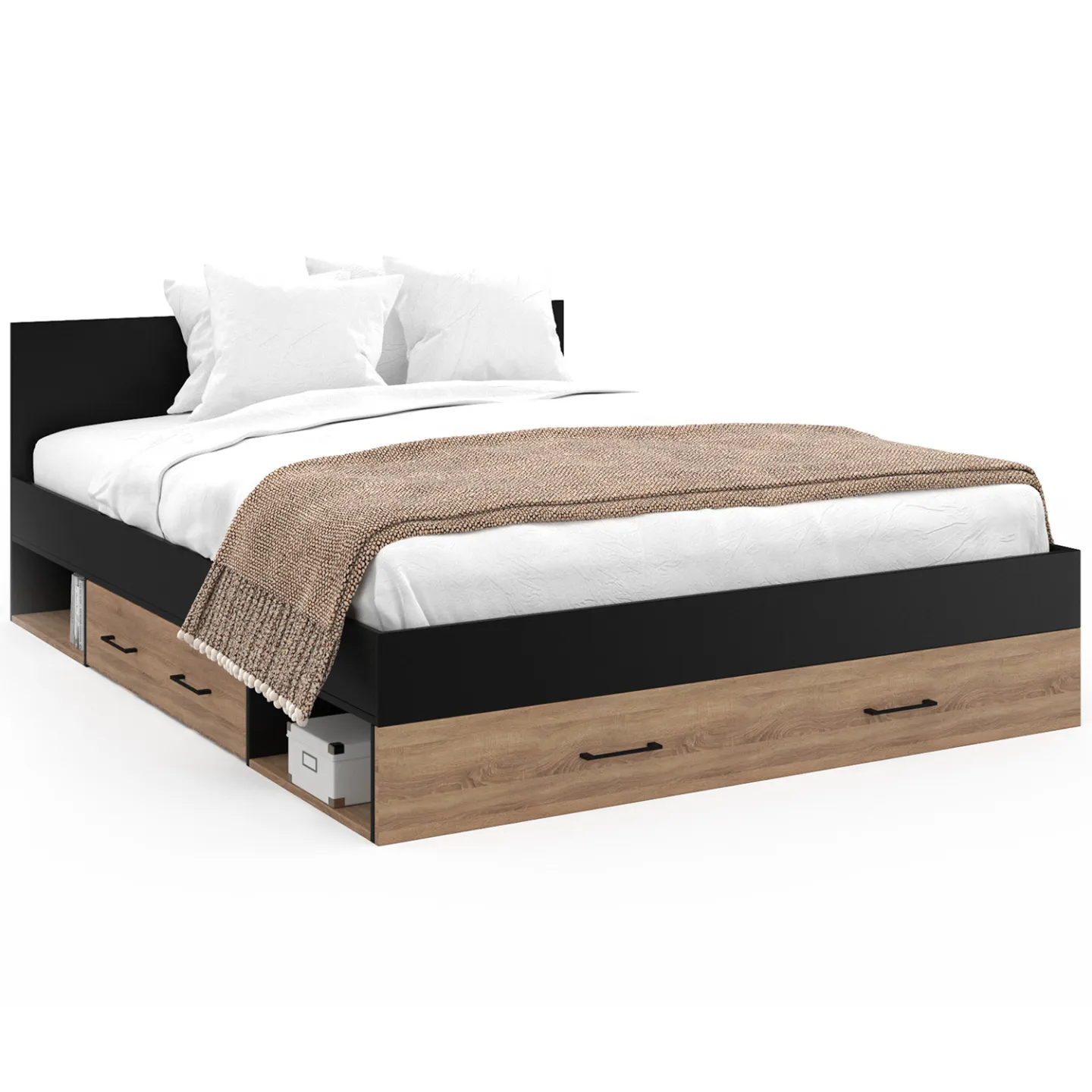 Lit double MINEA avec tiroirs + niches de rangement + tête de lit et sommier 140 x 190 cm façon hêtre et noir